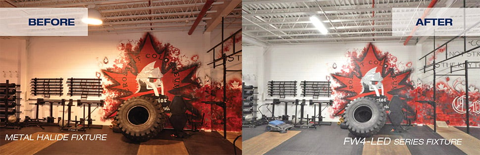 Before and after of Crossfit Colosseum. Metal halide fixture lights up left and FW4 LED light on right side.
